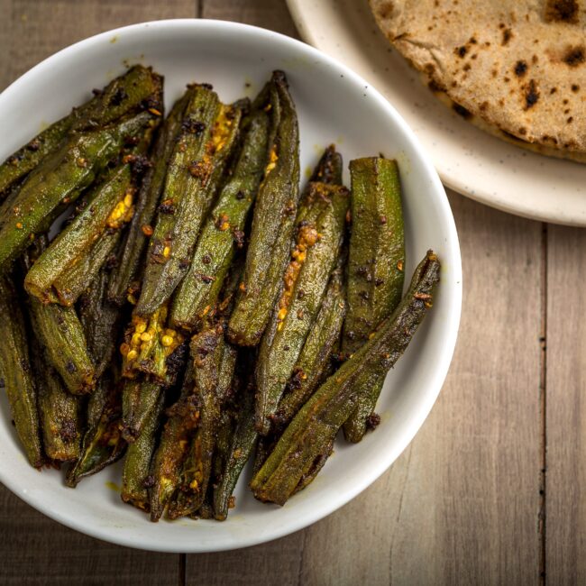 Bharela Bhinda served in a white bowl