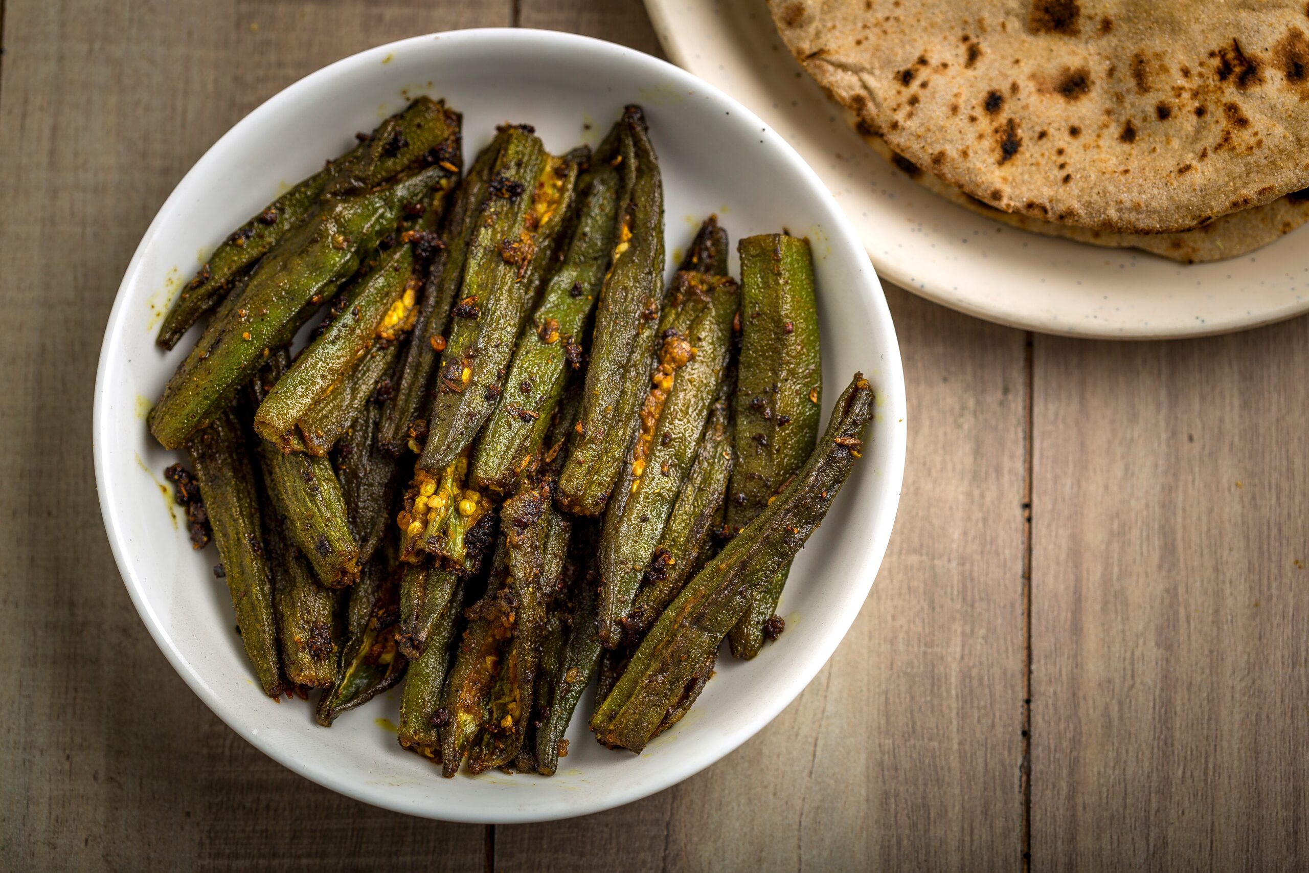 Bharela Bhinda served in a white bowl