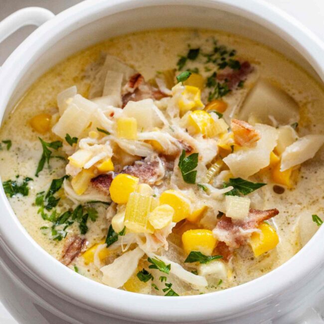 Crab and Sweetcorn Soup served in a white bowl