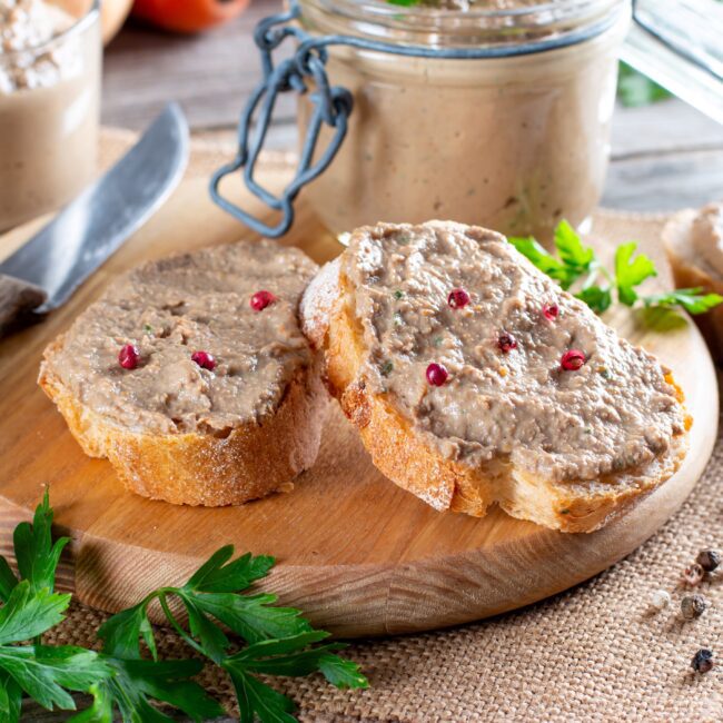 Beef and pork sandwich spread on top of sliced baguette. Served on a wooden board.