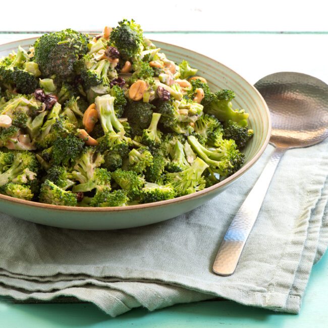 Purple sprouting broccoli served in a bowl