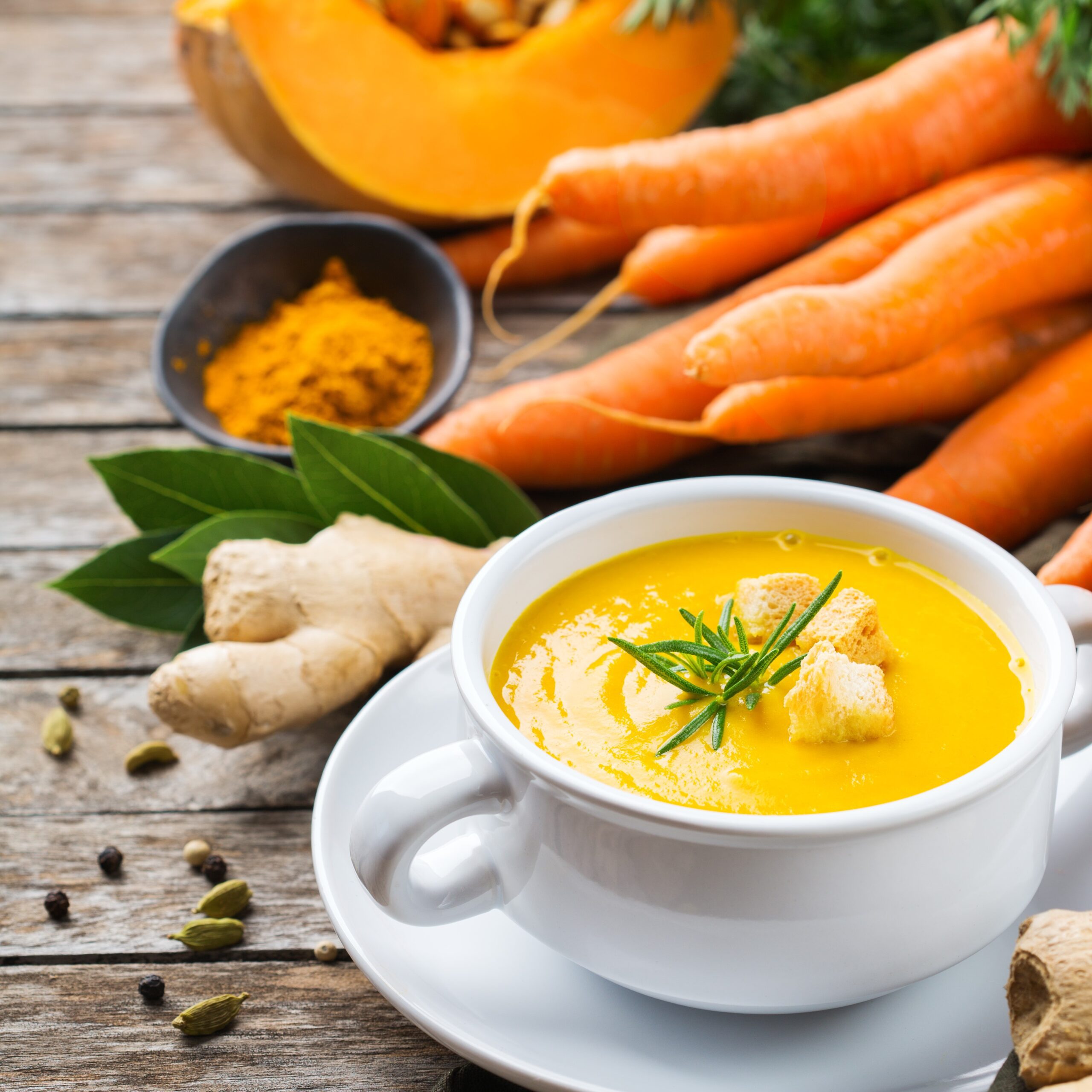 Carrot Squash and Ginger Soup served in a white bowl with handle. Carrots and Ginger are presented next to the bowl.