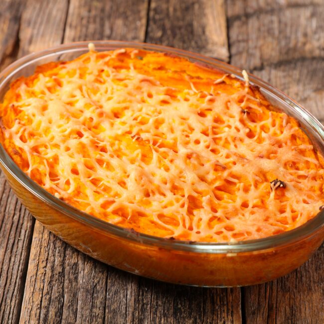 Carrots Au Gratin served in an oven-proof dish