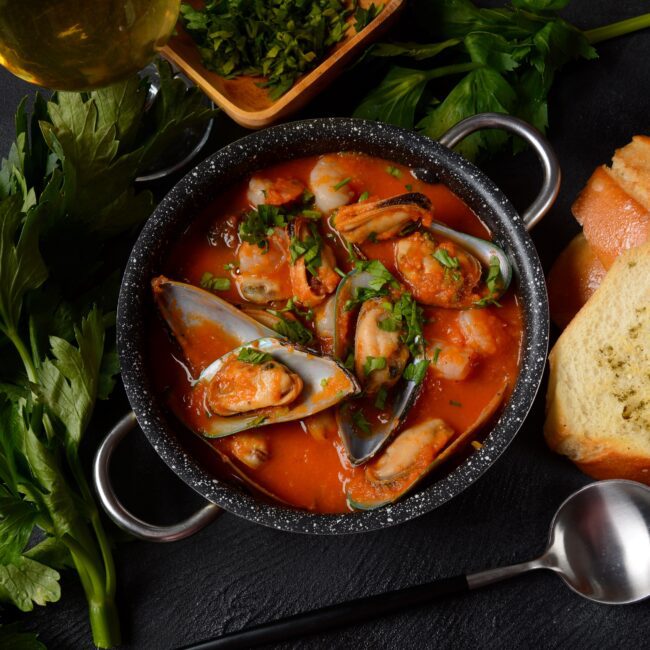 Mussel and Tomato soup; served with sliced bread