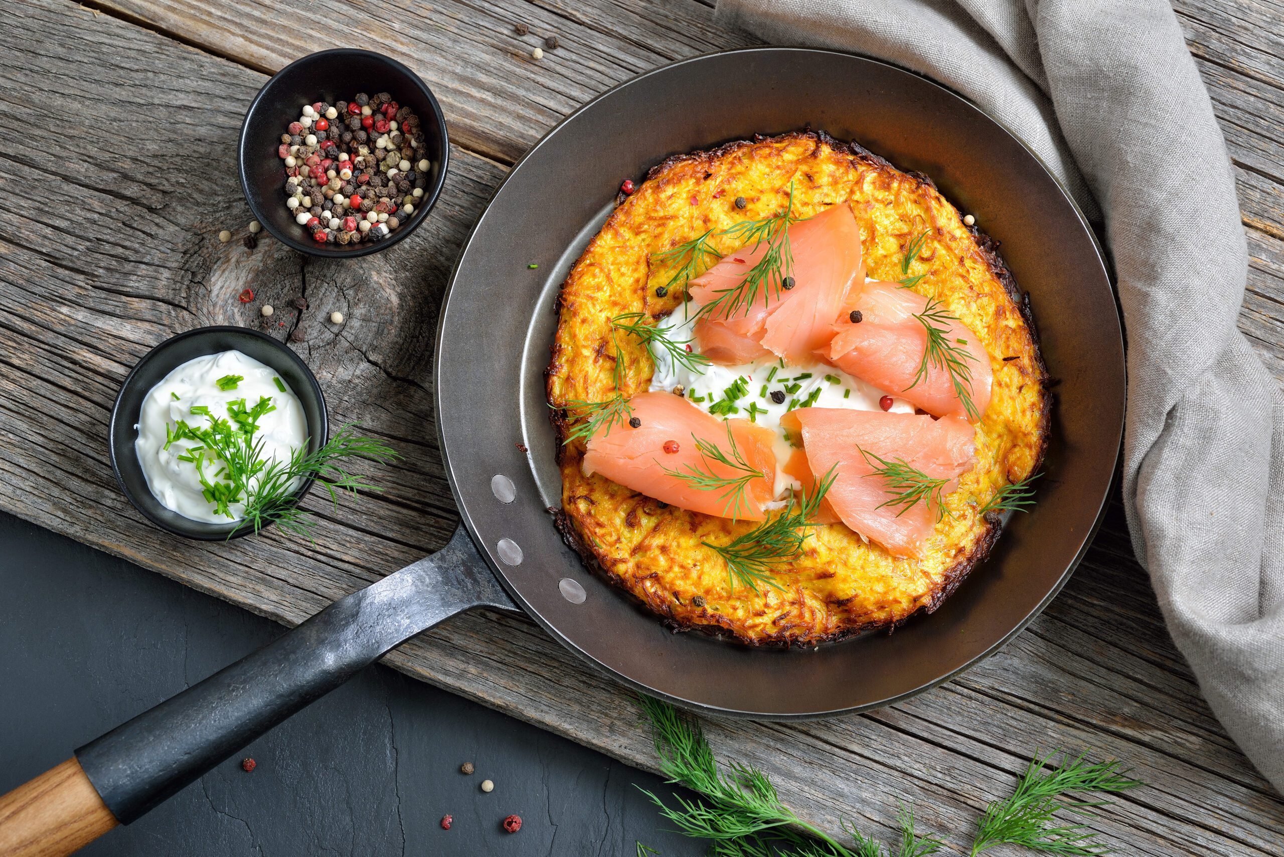 Potato Pancakes with Cream Cheese and Smoked Salmon served in a cast iron pan