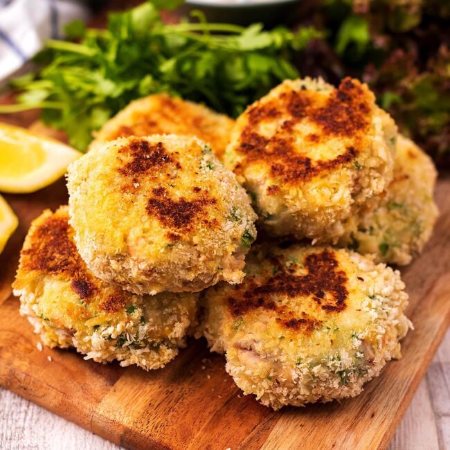 Saltfish cakes; served on a wooden board